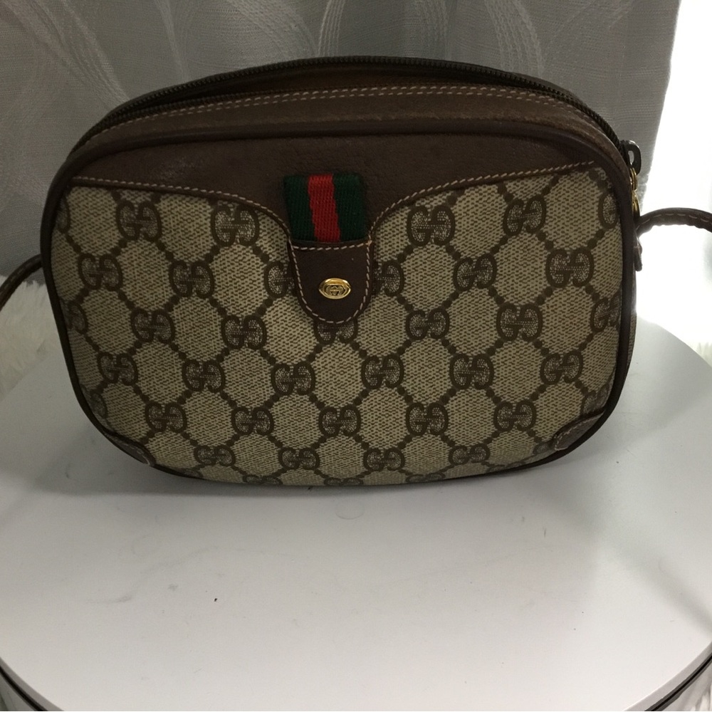 Gucci Beige/Tan Monogram Camera Bag with Green-Red Web